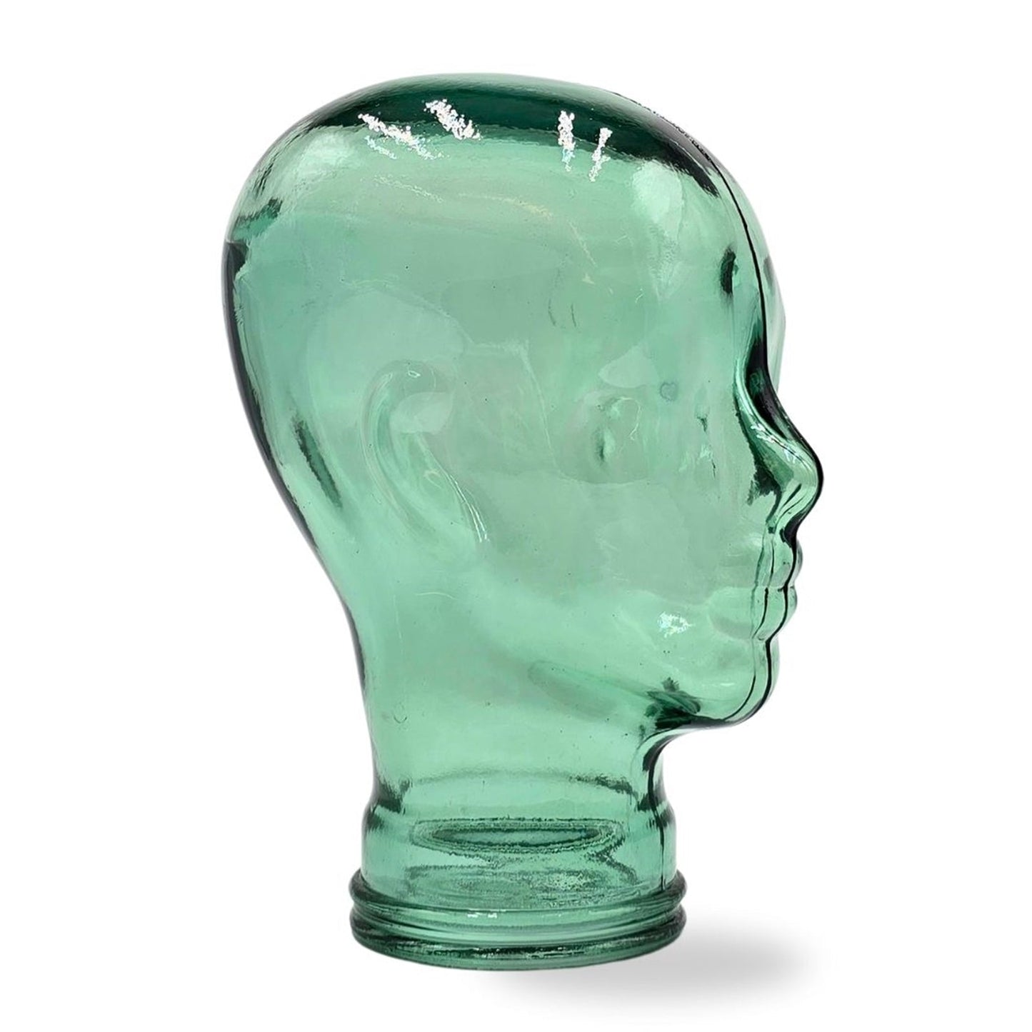 Glas KOPFHÖRERSTÄNDER transparent + satin | 29cm Glaskopf Skulptur | Farbe: T03 grün