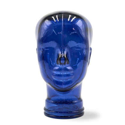 Glas KOPFHÖRERSTÄNDER transparent + satin | 29cm Glaskopf Skulptur | Farbe: T09 marineblau