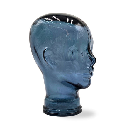 Glas KOPFHÖRERSTÄNDER transparent + satin | 29cm Glaskopf Skulptur | Farbe: T07 blau