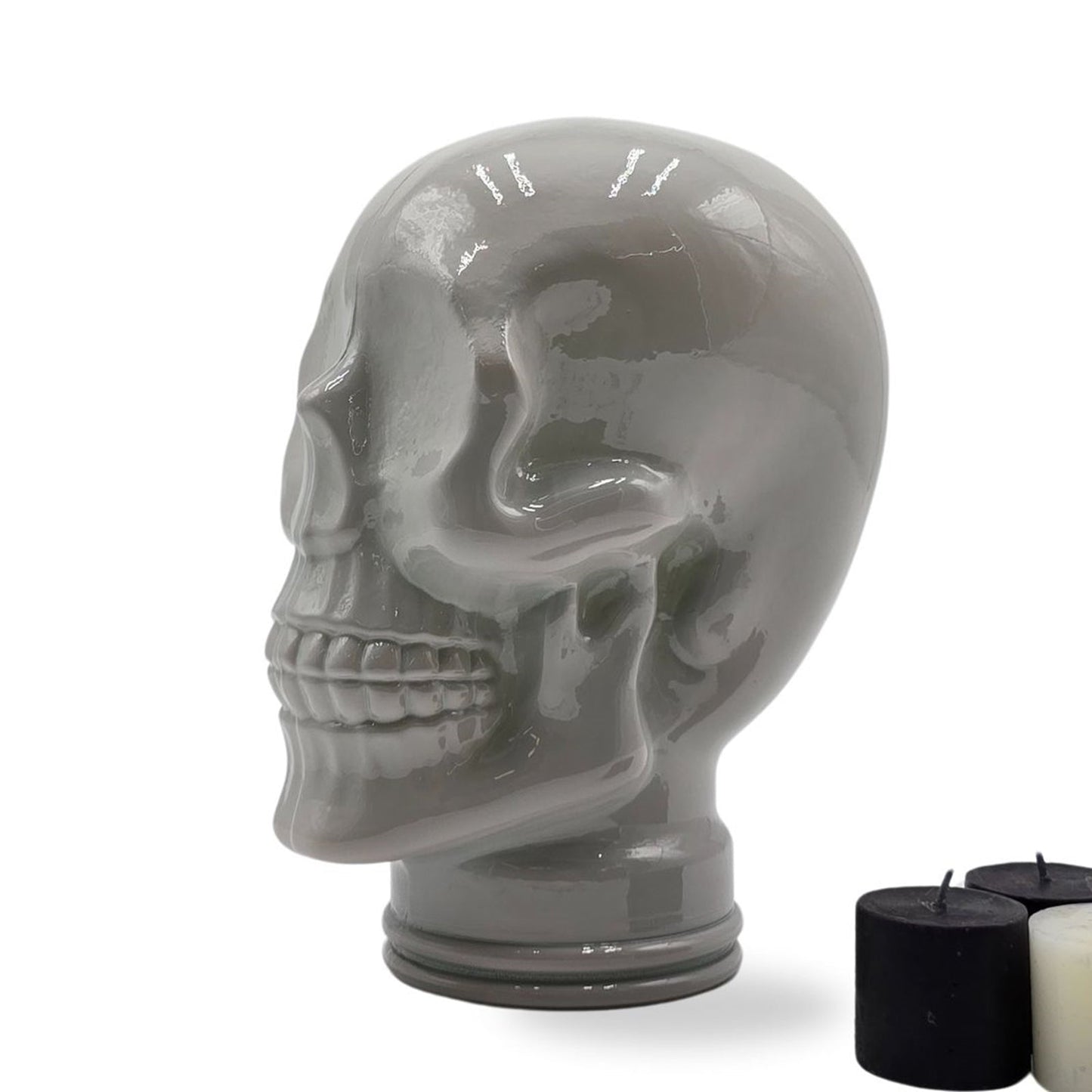 Glas KOPFHÖRERSTÄNDER TOTENKOPF| 26cm Glaskopf Skulptur | Farbe: OP3 hellgrau